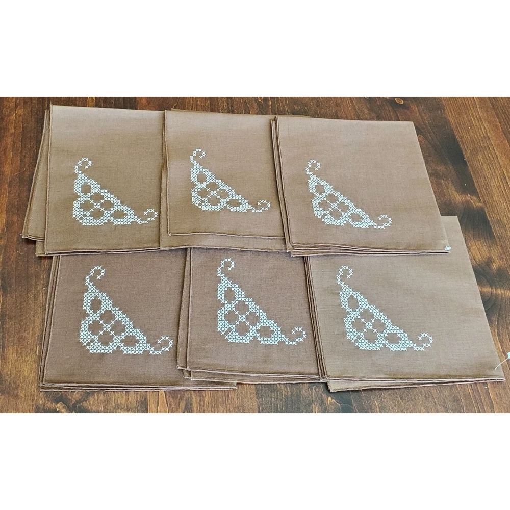 6 Vintage Hand Sewn & Embroidered‎ Linen Napkins